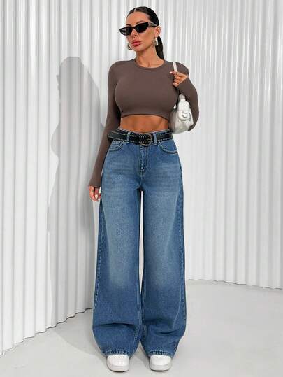 EURMUSE Women's Loose Fit, Versatile, Low Waist Straight Leg Blue Jeans Jeans Wide Leg Denim Outfit Women Women Denim Two Piece Outfits Wide Leg Jeans Jean Crop Top