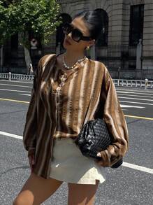 DAZY Vintage Vertical Striped Loose Fit Asymmetric Collar Long Sleeve Shirt Fall,Winter - Brown - View 4