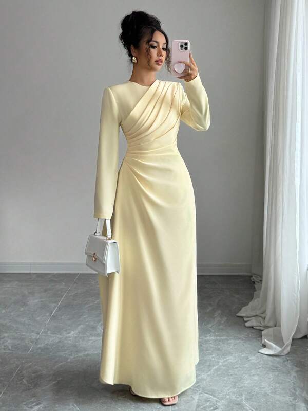 Elenzga Women's Elegant Formal Office Commute Casual Vacation Party Vintage Teacher Autumn Middle Eastern Style Solid Color Round Neck Waist Pleated A-Line Long Sleeve Maxi Dress, Light Yellow Fall Cloth For Women