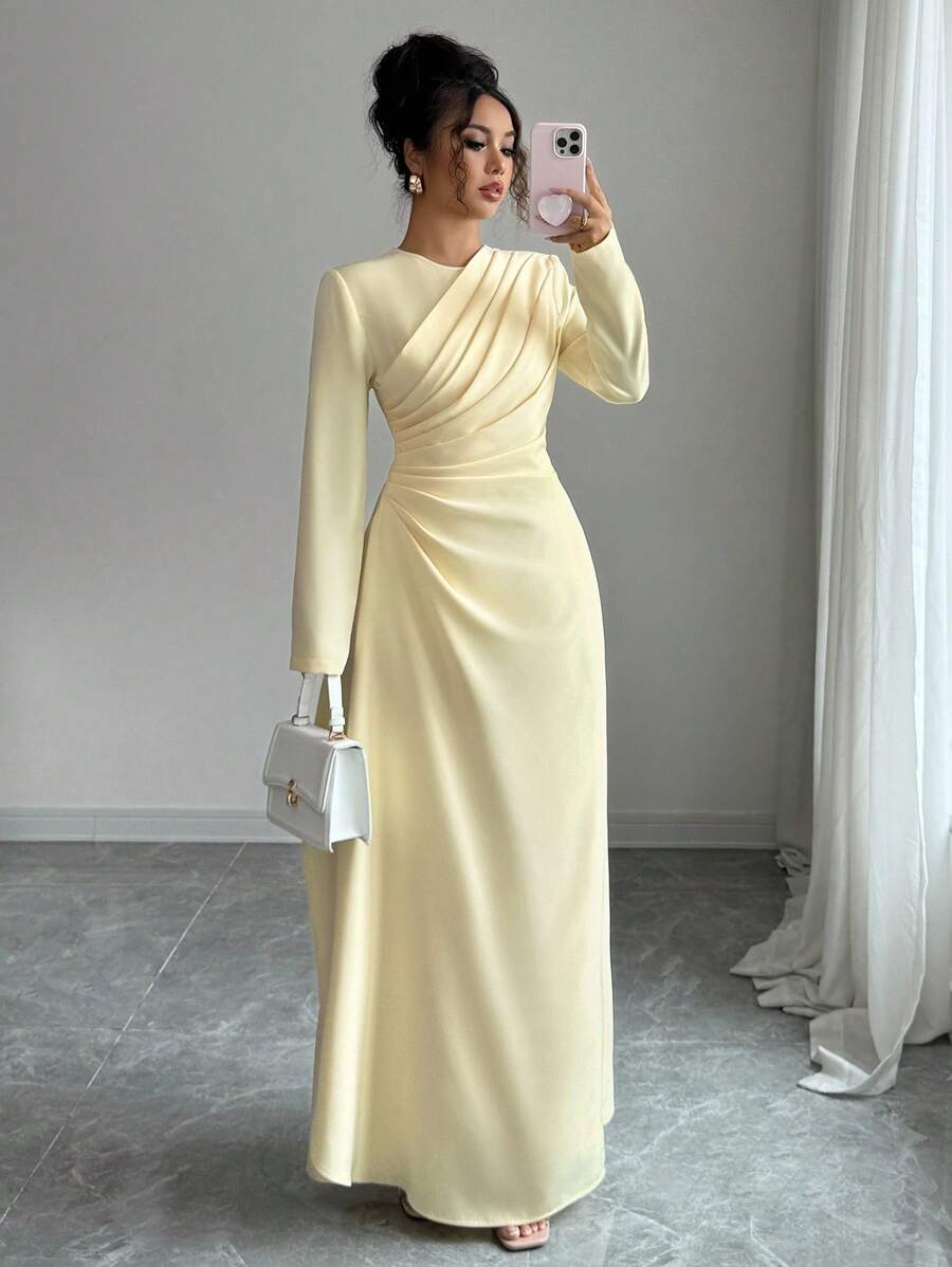 SHEIN Elenzya 女士优雅正式办公室通勤休闲度假派对复古教师秋季中东风格纯色圆领腰部褶皱 A 字长袖超长连衣裙，浅黄色 - Butter Yellow - 查看 1