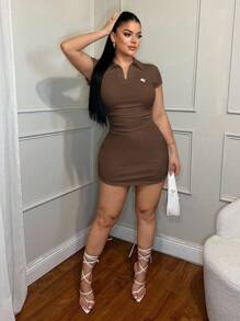 SHEIN SXY 休闲商务绣花领连衣裙 - 棕色 - 查看 3