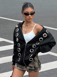 Muchica 2025 New Arrive Fall Women Fashion Avant-Garde Grommet Design Black Hooded Sweatshirt, Cropped Jackets For Going Out Outfits, Back To School,  Streetwear, Grunge And Punk Chic, Y2K Clothes, Edgy Clothes Woman And Unique Clothes