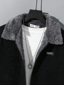 SHEIN Teen Boys' Black Corduroy Thermal Lined Slim Fit Minimalist Padded Jacket, Casual, School, Comfortable, Versatile, Soft Fabric, Suitable For Daily Wear, School, Outings, Outdoor Activities, Autumn/Winter Teen Boy Jackets Teen Boys Coats Boys Winter Jackets Boys Corduroy Jacket Boys Bomber Jacket Teen Boys Winter Clothes Boys Jackets Fall Winter - Black - View 2