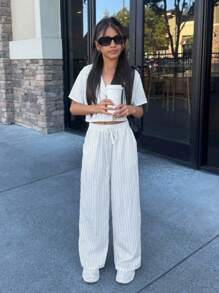 SHEIN Nova Glow Tween Girls Woven Solid Color Lapel Neck Short Sleeve Jacket And Straight-Leg Pants Casual Outfit Set - White - View 6