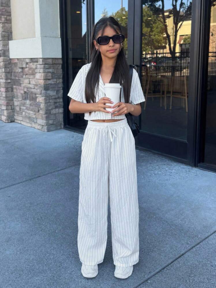 SHEIN Nova Glow Tween Girls Woven Solid Color Lapel Neck Short Sleeve Jacket And Straight-Leg Pants Casual Outfit Set - White - View 6