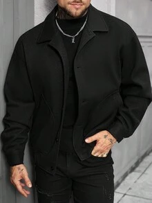 Manfinity Homme 男士休闲长袖纽扣外套，秋冬季，男士秋冬轻奢成熟休闲粗花呢翻领口袋保暖弹力袖口大衣 - 黑色 - 查看 6