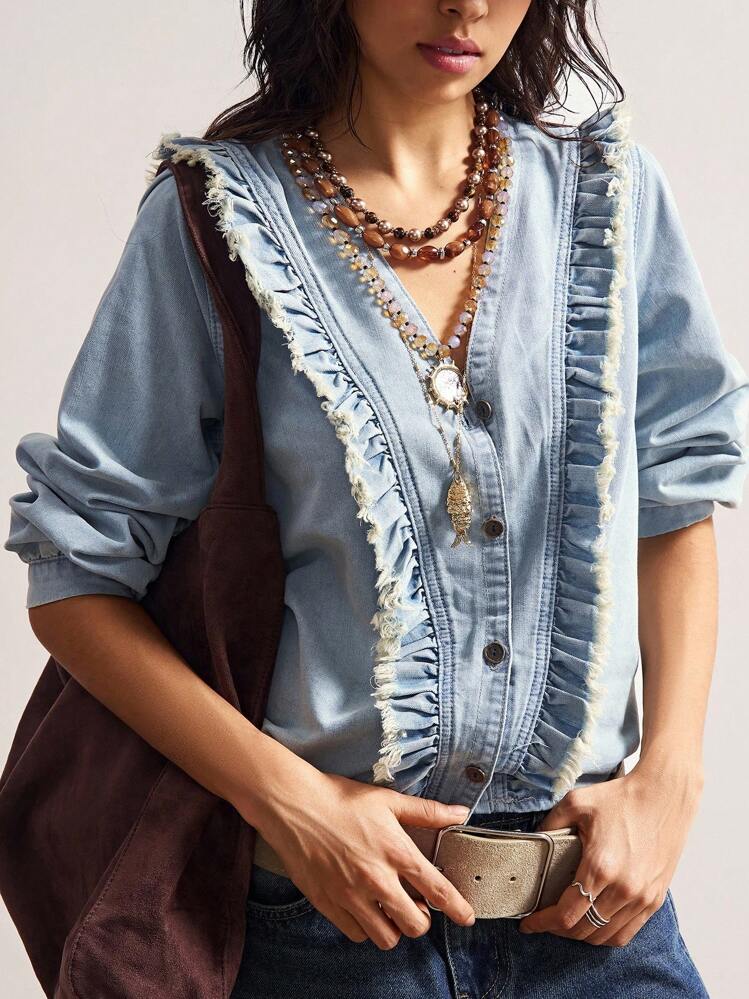 Bohemela 波西米亚西部牛仔乡村度假休闲梭织V领长袖荷叶边下摆女式衬衫 - 藍色 - 查看 5