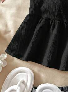 SHEIN TEENGIRL 黑色纹理面料盖袖 A 字衬衫，适合度假、音乐节、波西米亚风、节日、下午茶