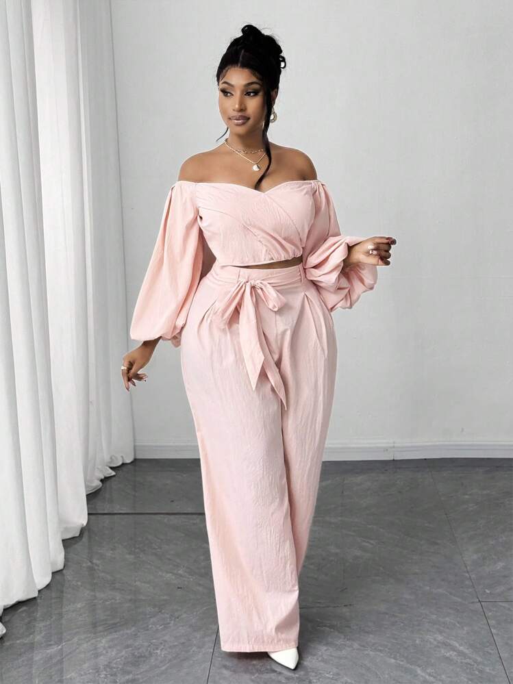 Maweii Set de 2 piezas de manga abullonada con lazo casual para tallas grandes - Rosa Pálido - Añade 4