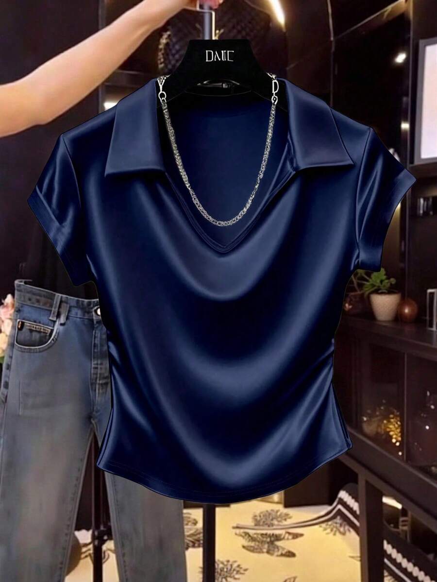 SHEIN Franclia 女士休闲纯色缎面亮面T恤衫，适合大学穿着 - 藏蓝色 - 查看 1