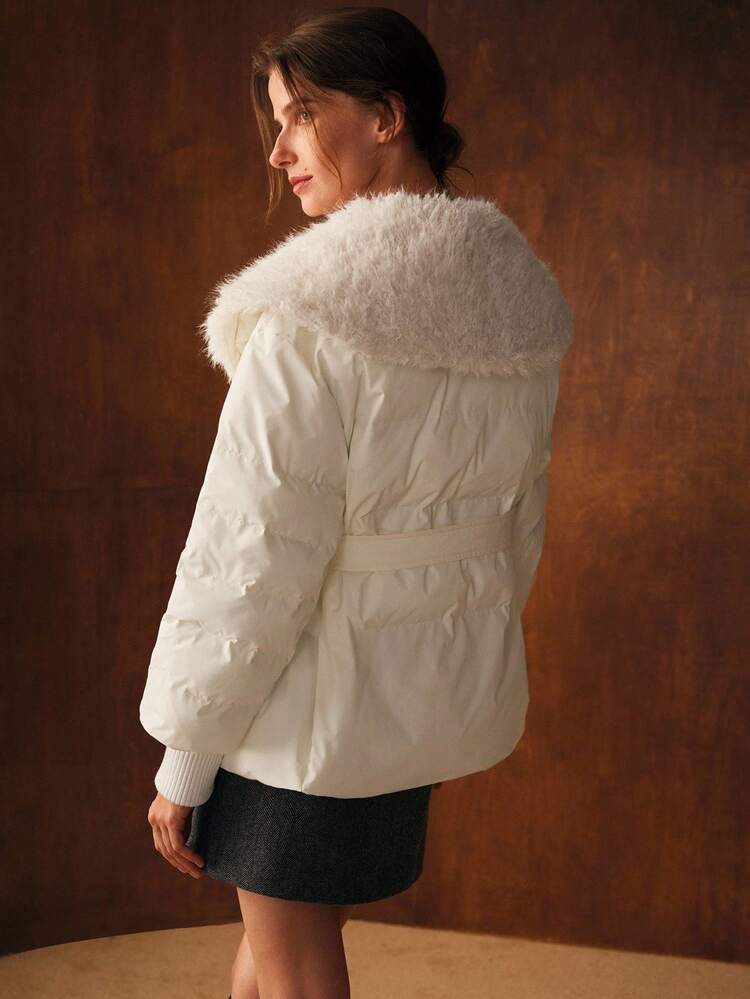 CONTRAST FAUX FUR BELTED WINTER COAT