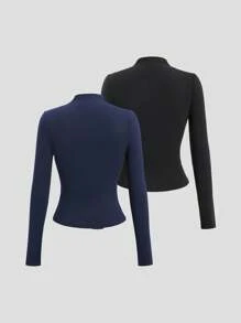 Sweetra 女式纯色 Y2K 性感立领褶饰长袖 T 恤 - 彩色 - 查看 2