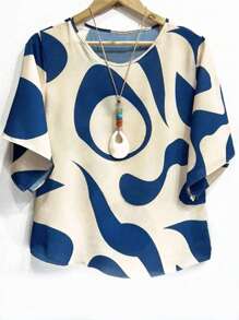 Omancia 女士休闲圆领简约日常衬衫，带有随机印花图案，七分袖上衣 - 杏色 - 查看 2