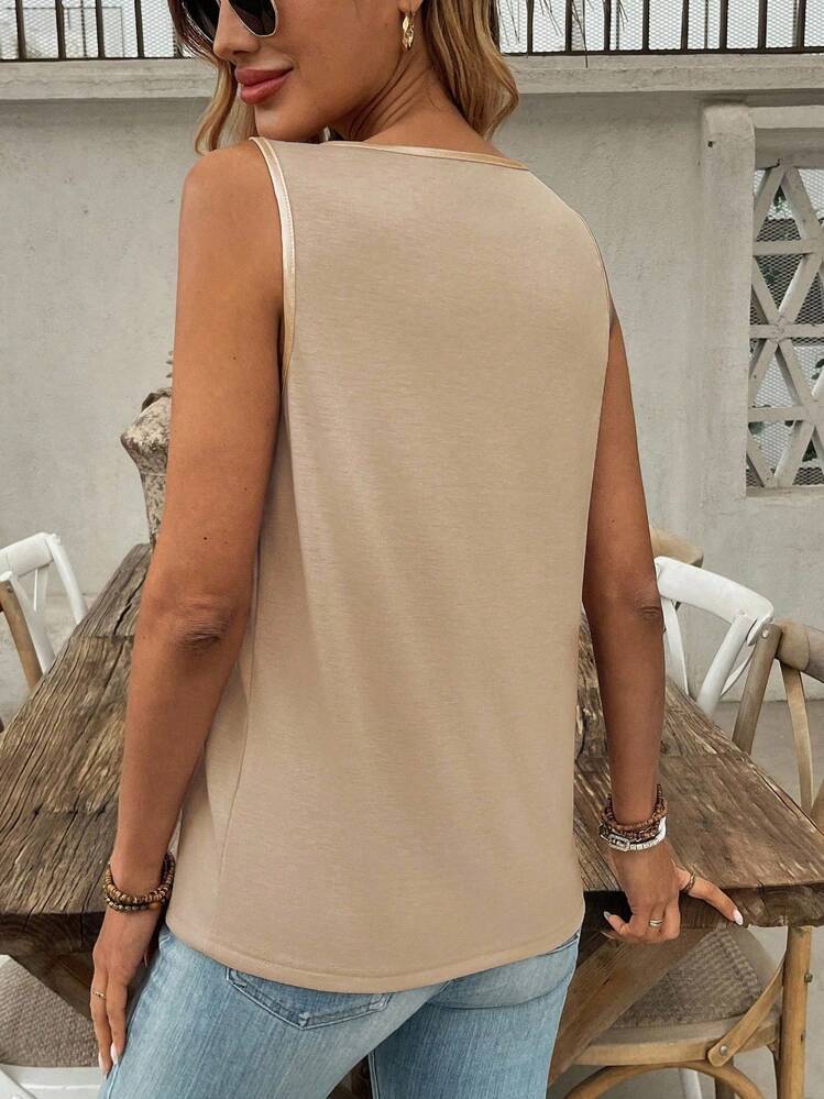 SHEIN LUNE Women's Teardrop Neck Criss-Cross Front Contrast Color Foil Fabric Tank Top - Apricot - View 2