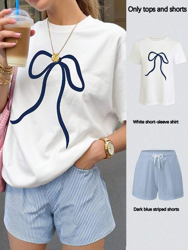 Jouncy Damski letni, swobodny T-shirt z nadrukiem kokardki i szorty w paski, 2 sztuki