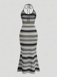 Sweetra 波西米亚风格度假海滩夏季复古女士吊带针织连衣裙 - 灰色 - 查看 2
