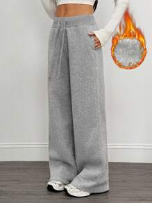 SHEIN Tall Comfortable And Casual Plain Knitted Low Waist Wide Leg Women's Sports Pants With Fleece For Warmth In Autumn And Winter Fall And Winter Wide Leg Sweatpants Flare Sweatpants Winter Sweatpants Women Grey Sweatpants Women