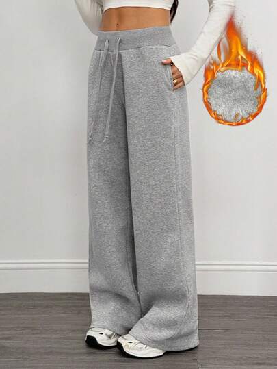 SHEIN Tall Celana Olahraga Wanita Rajut Polos Nyaman dan Kasual dengan Pinggang Rendah dan Kaki Lebar, Dilengkapi Lapisan Bulu untuk Kehangatan di Musim Gugur dan Musim Dingin, Celana Sweatpants Musim Gugur Model Flare untuk Wanita, Warna Abu-abu, Ukuran Wanita Tinggi