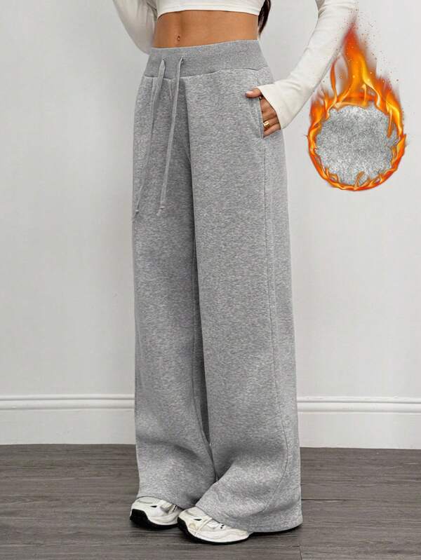 SHEIN Tall Comfortable And Casual Plain Knitted Low Waist Wide Leg Women's Sports Pants With Fleece For Warmth In Autumn And Winter Fall And Winter Wide Leg Sweatpants Flare Sweatpants Winter Sweatpants Women Grey Sweatpants Women