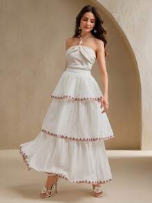 Anewsta 女装春夏拼搏波西米亚重工刺绣橡筋荷叶边白裙 - 白色 - 查看 1