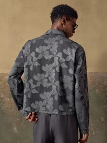 AKNOTIC Men's Gray-Blue Floral Jacquard Casual Loose Fit Long Sleeve Lapel Jacket, Suitable For Summer, Autumn, Vacation, Daily Matching, Party, Couple, Men's Gift