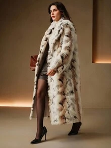 Anewsta Women's Fashion Long Sleeve Leopard Print Long Faux Fur Coat - Beige - View 4