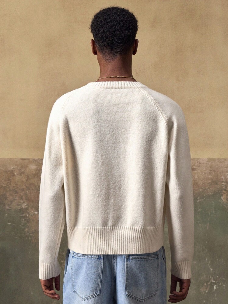 AKNOTIC 男士休闲针织套头衫 - 杏色提花圆领 - 可机洗或干洗 - 厚实摇粒绒针织面料 - 适合秋冬日常穿着 - 杏色 - 查看 4