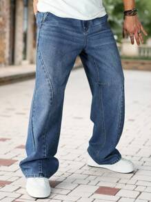 Manfinity Roghcode Quần jeans denim ống rộng rách gối màu xanh nhạt thiết kế vá lỗi cho nam, thường ngày, phù hợp mặc đi chơi - Màu xanh lam - Xem 8