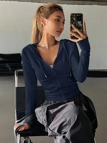 EURMUSE 女式纯色简约休闲长袖常规款运动衫 - 藏蓝色 - 查看 4