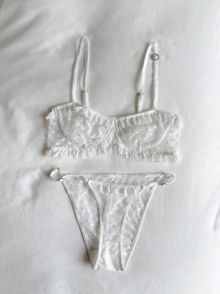 2pcs Lace Patchwork White Heart Mesh Sexy Lingerie Set For Women, Going Out