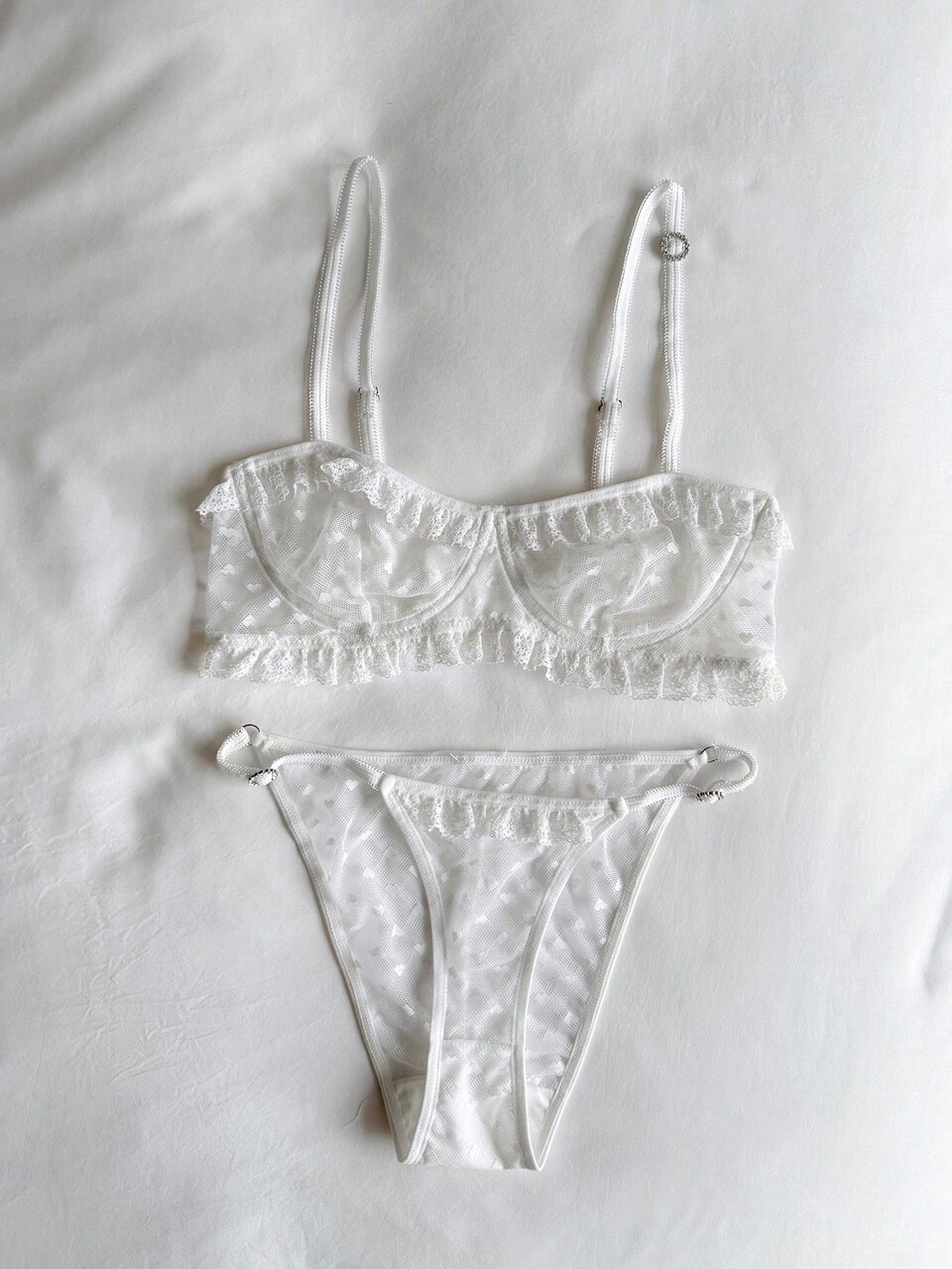 2pcs Lace Patchwork White Heart Mesh Sexy Lingerie Set For Women, Going Out