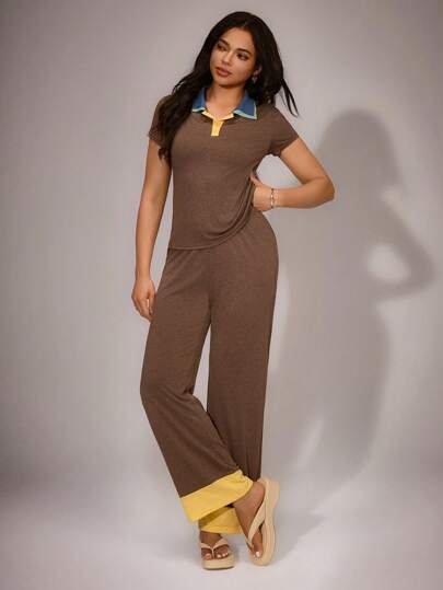 Miss Vinta 2 件套女士 Polo 领撞色拼布短袖上衣和裤子睡衣套装