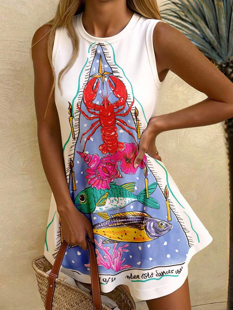 SHEIN EZwear 女式无袖蟹虾印花迷你连衣裙，活力四射 - 彩色 - 查看 1