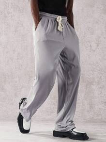 Manfinity Homme Quần dài cạp rút màu trơn đơn giản đa năng cho nam - Xám - Xem 4