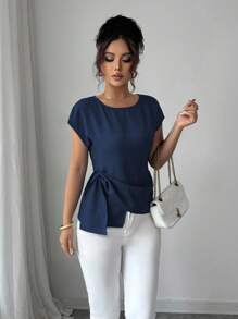 Selianne Casual Commuting All-Match Vacation Simple Loose Round Neck Bat Short Sleeve Asymmetrical Hem Design Soft Texture Material Blue Women's Shirt Summer Tops Women's Summer Clothing Summer Shirt Summer Clothes Women's Elegant Tops - Navy Blue - View 3