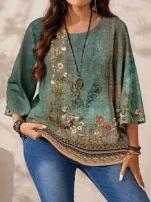 EMERY ROSE Plus Size Women Casual Allover Printed Round Neck Loose 3/4 Sleeve Shirt, Autumn/Winter