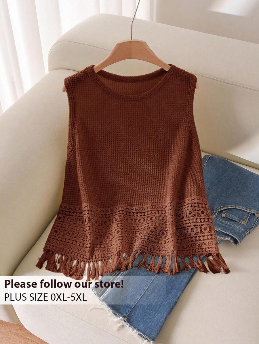 CosyJoli Damen Große Größen Sommer Lässig einfarbiges Spitze Patchwork Trägerhemd und Trägershirt