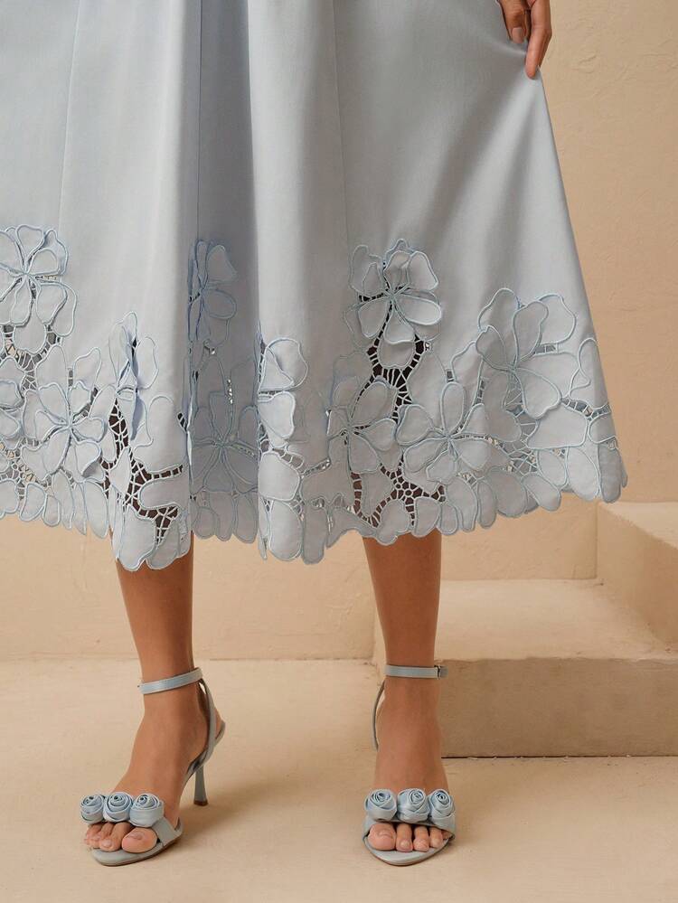 Spring/Summer New Vacation Style Heavily Embroidered Hollow-Out Floral Decor High Waist A-Line Skirt For Women Light Blue Skirt Baby Blue Skirt Powder Blue Dress Women