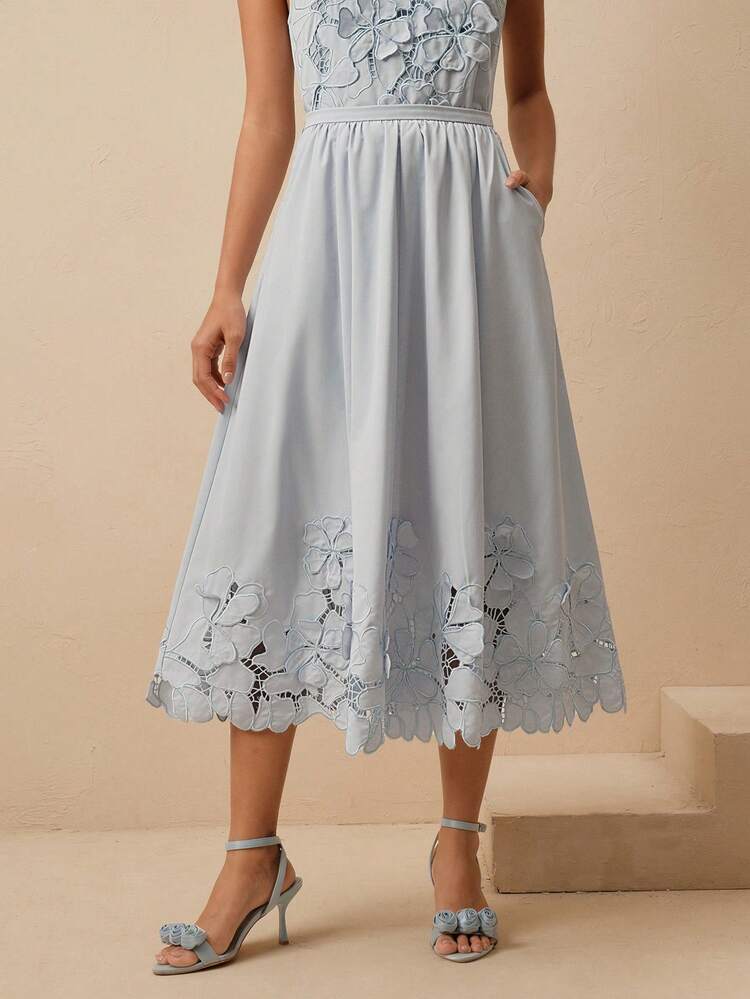 Spring/Summer New Vacation Style Heavily Embroidered Hollow-Out Floral Decor High Waist A-Line Skirt For Women Light Blue Skirt Baby Blue Skirt Powder Blue Dress Women