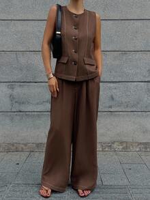 DAZY 2 件套极简主义复古硬币设计无袖圆领单排扣背心和裤子套装，高端时尚 - 棕色 - 查看 8