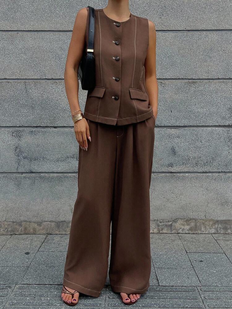 2pcs Minimalist Vintage Coin Design Sleeveless Crew Neck Single-Breasted Vest And Pants Set, High-End Fashion