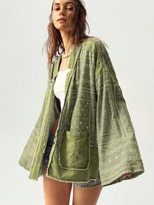 Bohemela 女式复古度假图案全印花夹克，带双口袋，女式秋冬装 - 彩色 - 查看 2