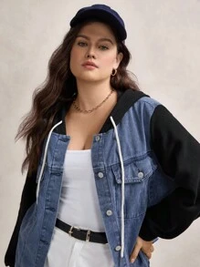 SHEIN LUNE Plus Size Two Tone Denim Jacket With Hood Winter Fall Autumn Black - Baby Blue - View 5
