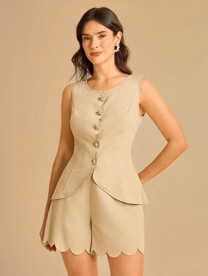 CAJUNI 女式杏色金属海星装饰无袖时尚衬衫，女式米色上衣，女式中性上衣，纽扣上衣，女式无袖上衣，女式商务休闲上衣，女式秋季服装，