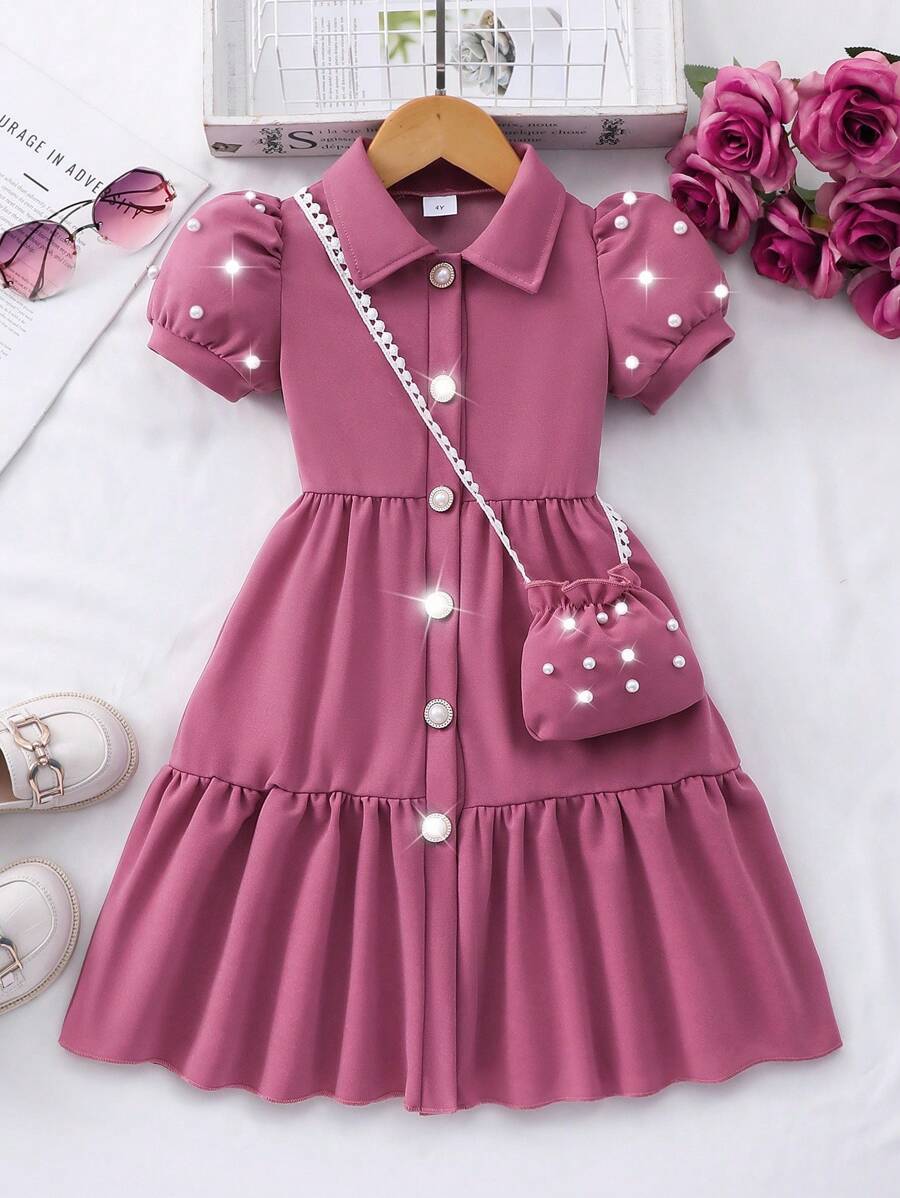 Elladie kids 年轻女孩纯色领泡泡袖开衫夏季可爱连衣裙配迷你包 - 珊瑚粉 - 查看 1
