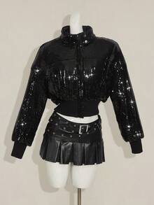 SHEIN ICON 女士性感街头亮片立领短款宽松夹棉大衣 - 黑色 - 查看 4