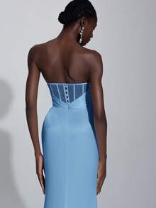 Elitara Váy cưới satin xẻ tà cao thanh lịch, không dây màu trơn dành cho nữ - Màu xanh nhạt - Xem 4