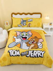 TOM & JERRY X SHEIN Juego de ropa de cama con estampado de dibujos animados y letras
