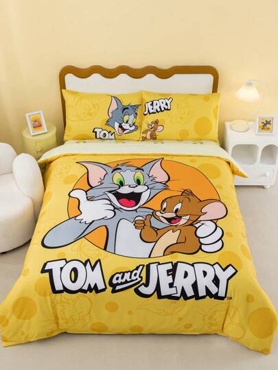 TOM & JERRY X SHEIN 3pc Cartoon Pattern Yellow Quilt Cover Set, Soft, Comfortable, Warm, Machine Washable, Suitable For Single Bed/Double Bed/Queen Bed/King Bed, Dormitory/Home