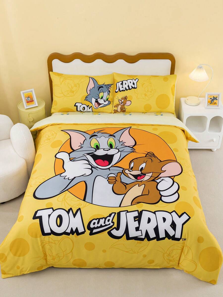 TOM & JERRY X SHEIN Juego de ropa de cama con estampado de dibujos animados y letras